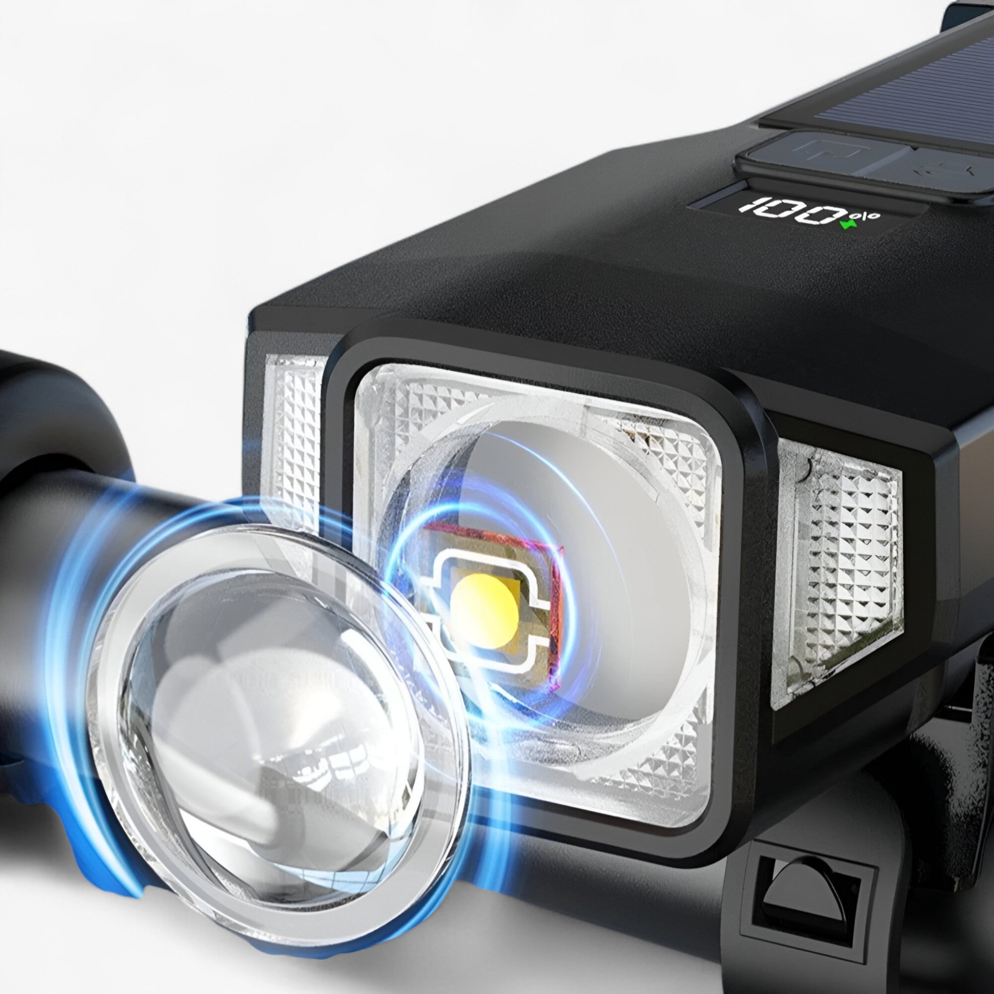 USB-C and Solar Rechargeable Bike Headlight with Power Display and Adjustable Beam for Night Cycling