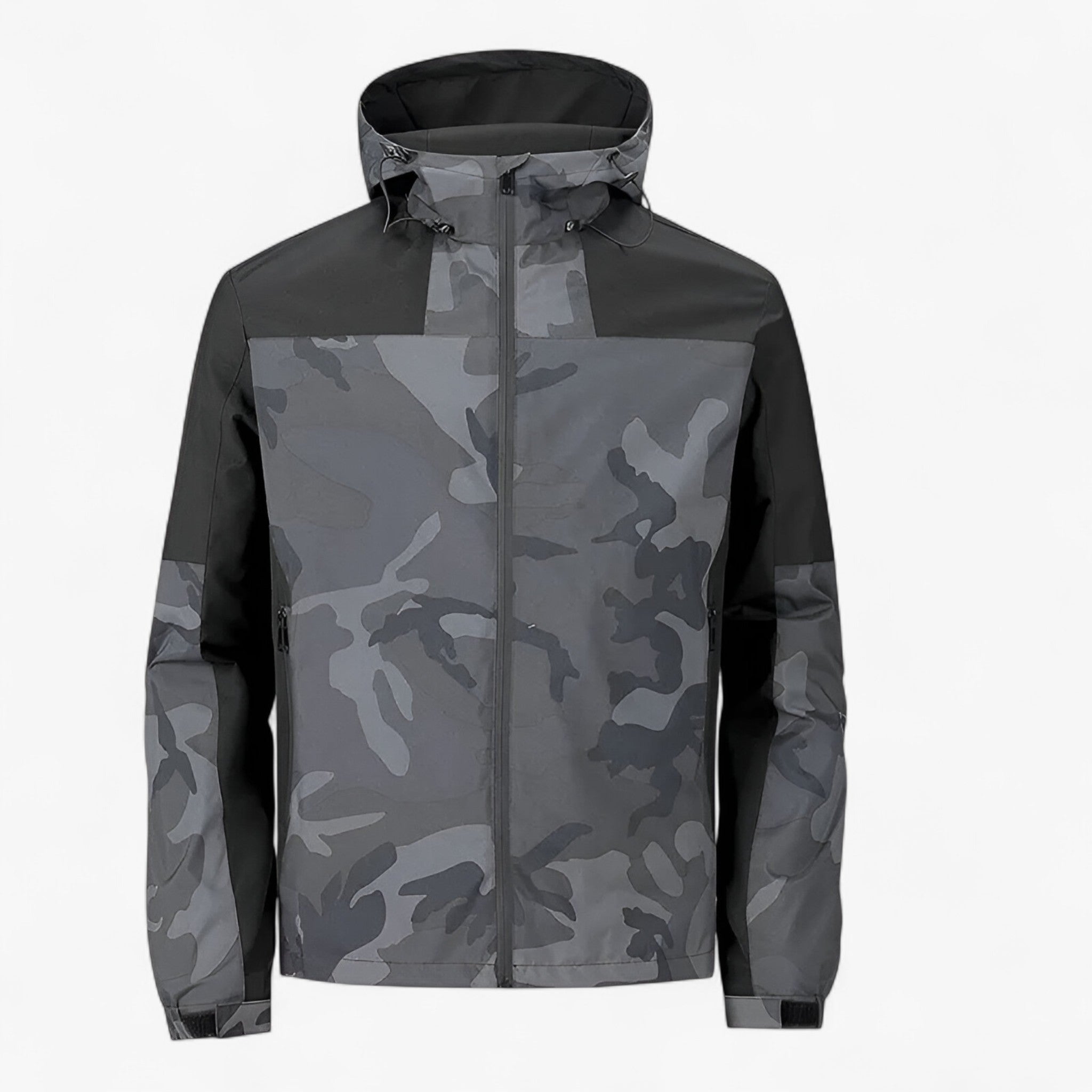 Windproof Camouflage Outdoor Jacket with Adjustable Cuffs and Multiple Pockets for Hiking and Camping