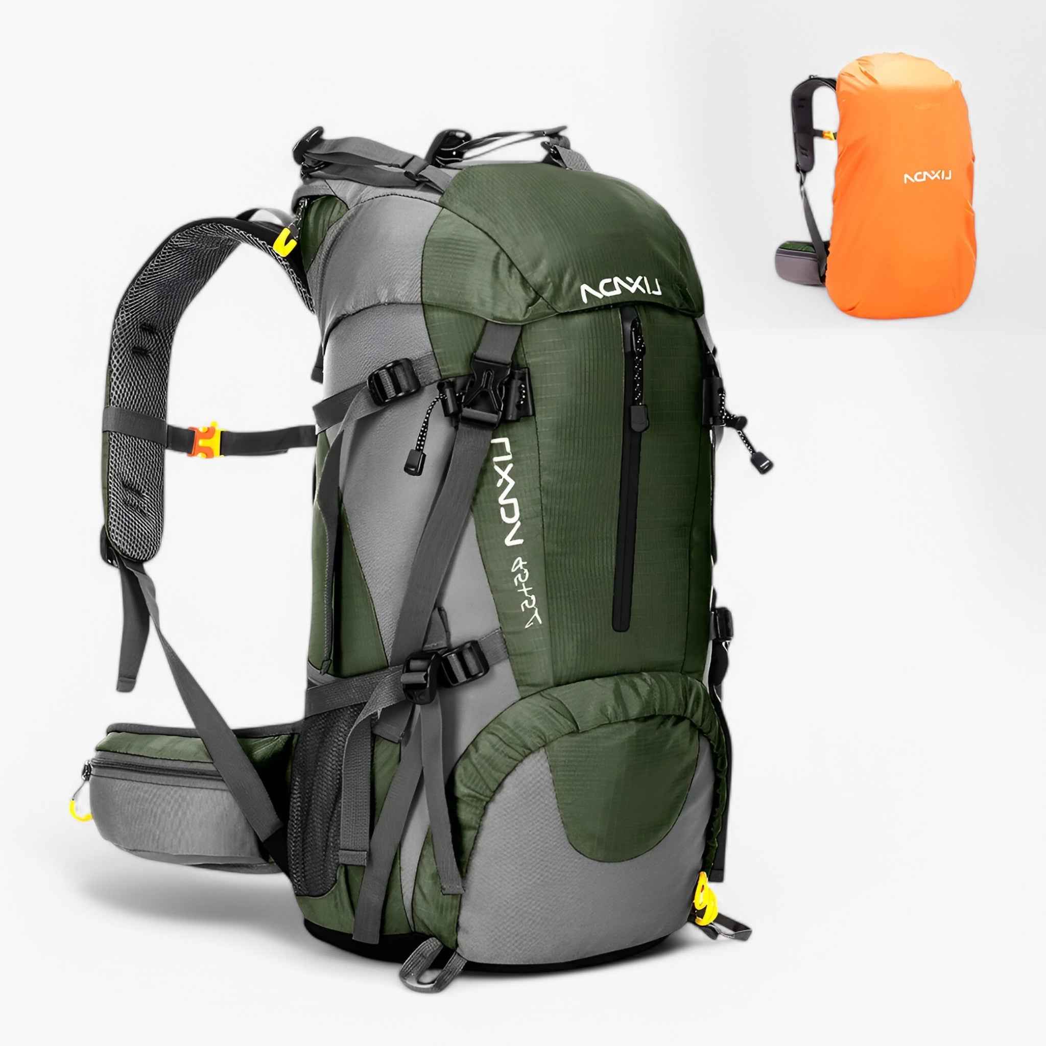 50L Water-Resistant Hiking Backpack with Rain Cover and Adjustable Straps for Camping Trips