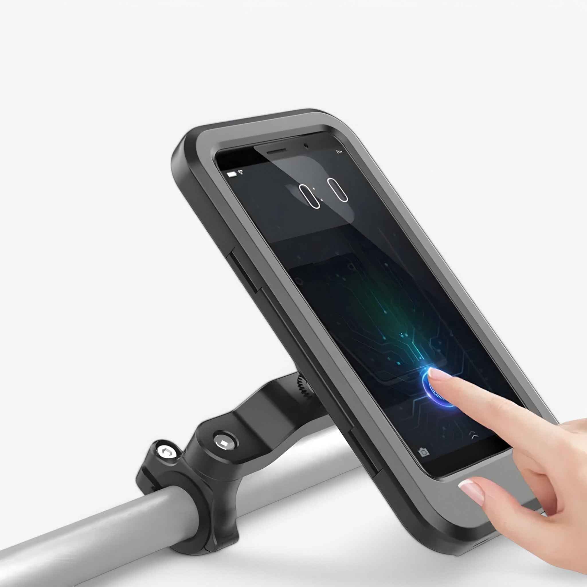 Water-Resistant Bike Phone Mount with Secure Clamp and Touchscreen Window for Navigation on the Road and Trail