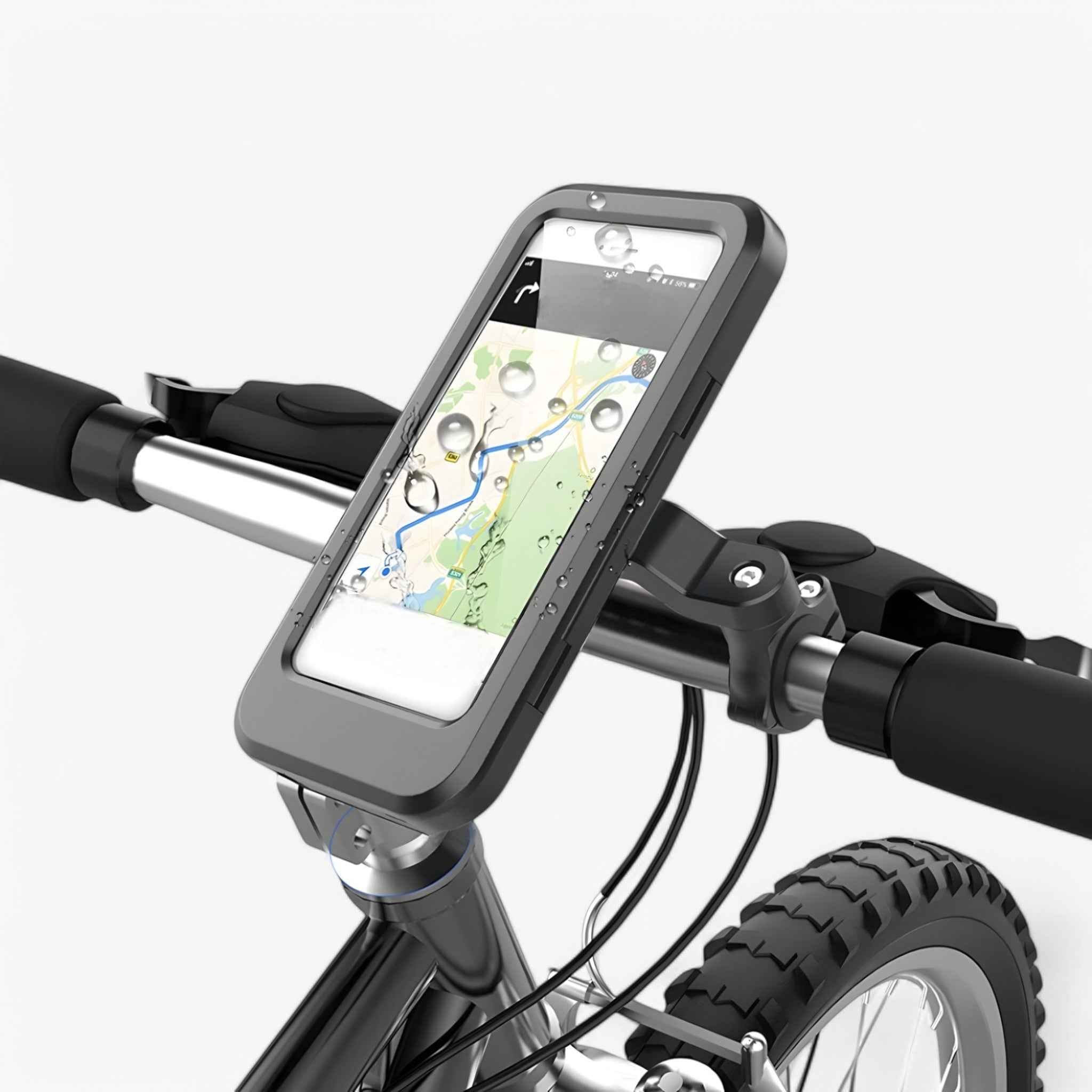 Water-Resistant Bike Phone Mount with Secure Clamp and Touchscreen Window for Navigation on the Road and Trail