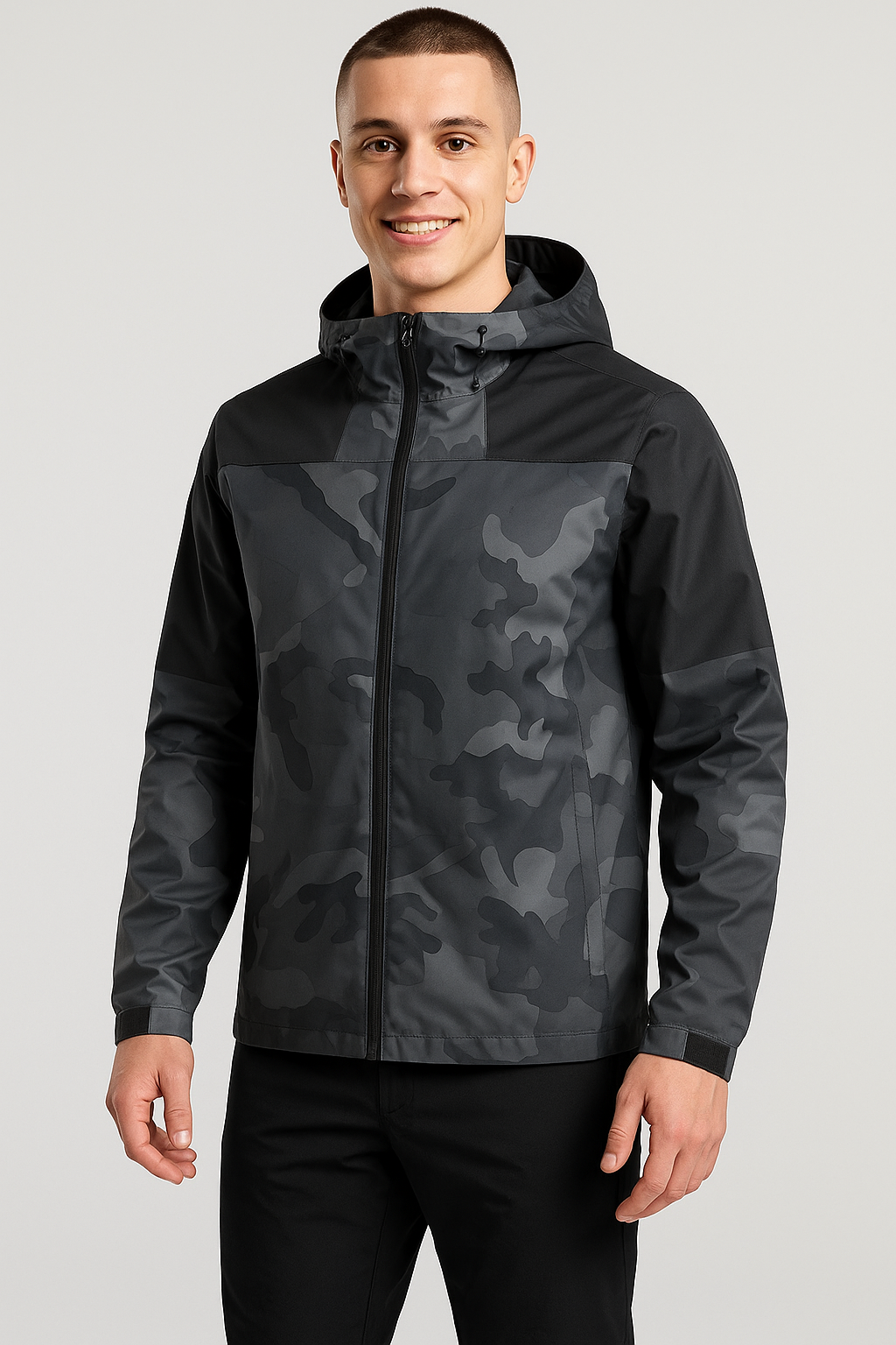 Windproof Camouflage Outdoor Jacket with Adjustable Cuffs and Multiple Pockets for Hiking and Camping