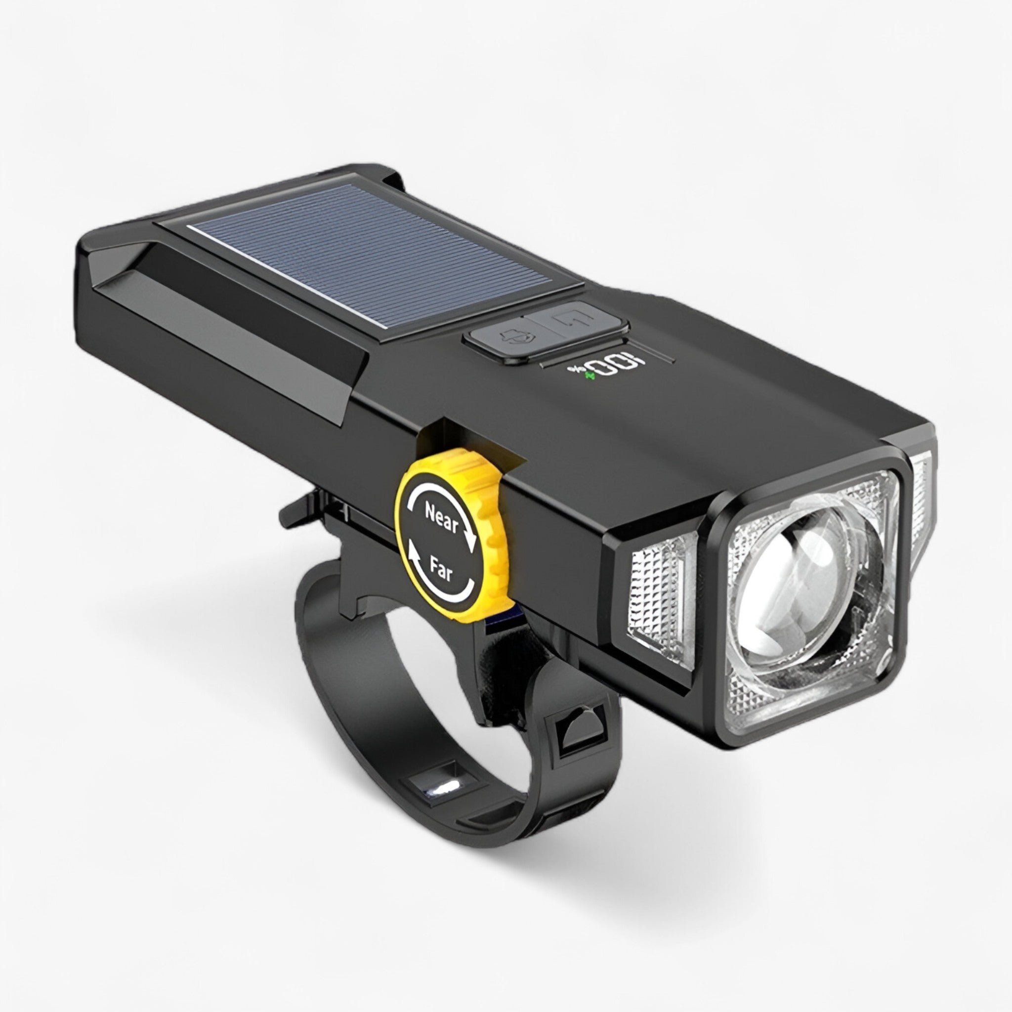 USB-C and Solar Rechargeable Bike Headlight with Power Display and Adjustable Beam for Night Cycling